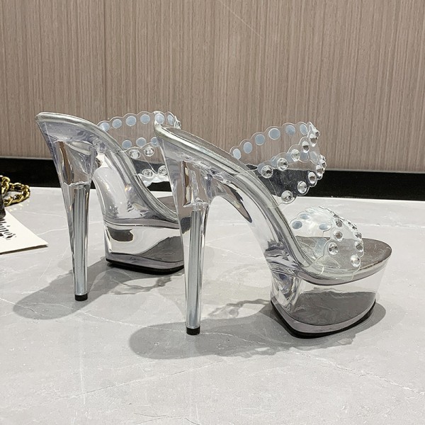 Women Fashion Sexy Rhinestone Decorative Transparent Platform Design Stiletto Sandals