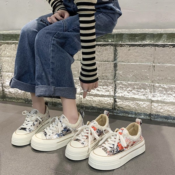 Women Fashion Small Fresh Ink Floral Lace-Up Canvas Thick-Soled Sneakers