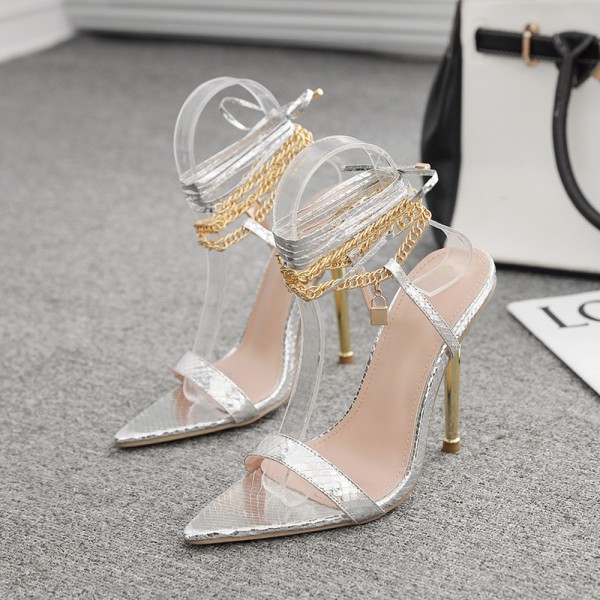 Women'S Sexy Chain Cross Strap Stiletto Heel Pointed Toe Sandals High Heels